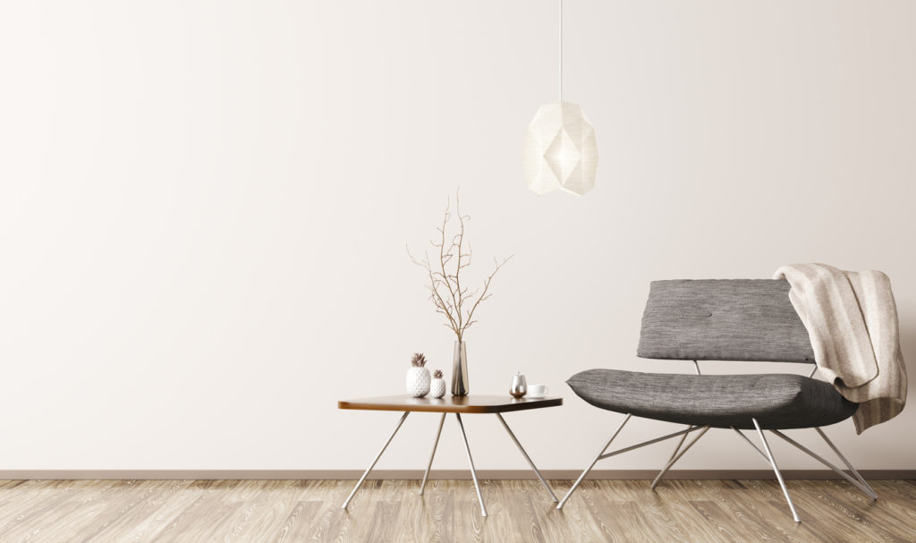 Gri iskandinav koltuk, Interior of living room with wooden coffee table, lamp and  black armchair 3d rendering