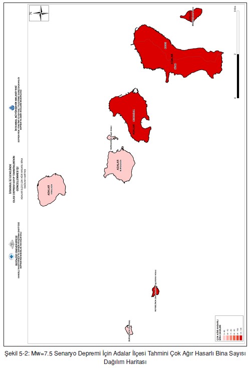 Şekil 5-2: Mw=7.5 Senaryo Depremi İçin Adalar İlçesi Tahmini Çok Ağır Hasarlı Bina Sayısı
Dağılım Haritası